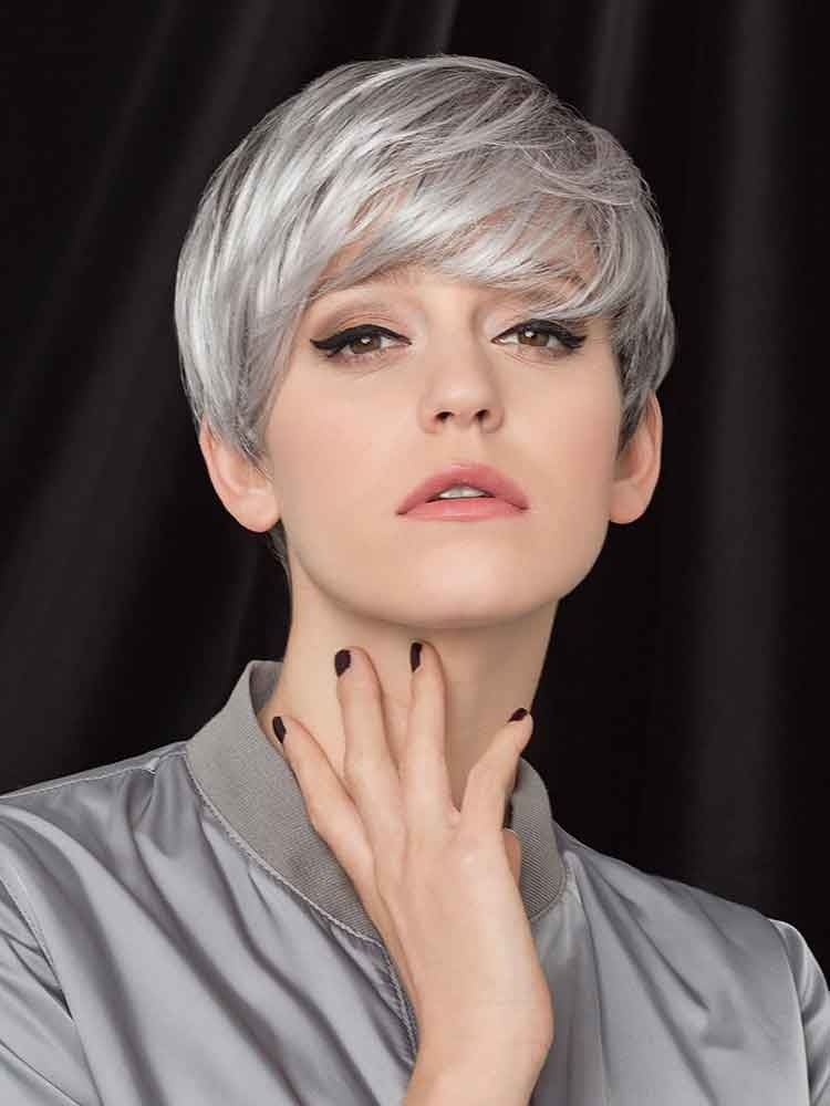 Front view of Erin wig by Gisela Mayer - a short style with a sweeping fringe shown in Light Salt Pepper Grey.