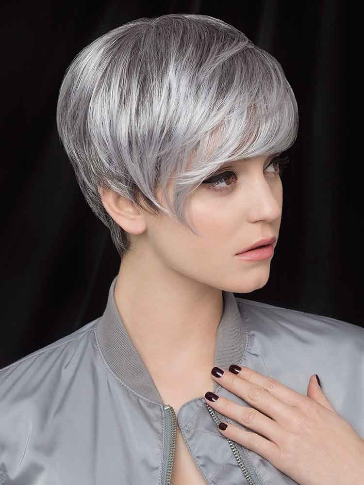 Erin wig by Gisela Mayer - a short style with a sweeping fringe shown in Light Salt and Pepper Grey.