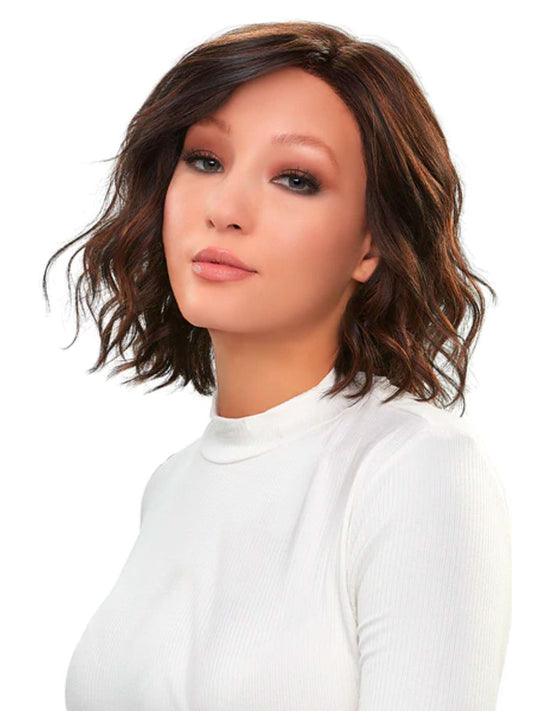 January wig by Jon Renau – short synthetic lace front wig with textured waves and monofilament top for natural styling.