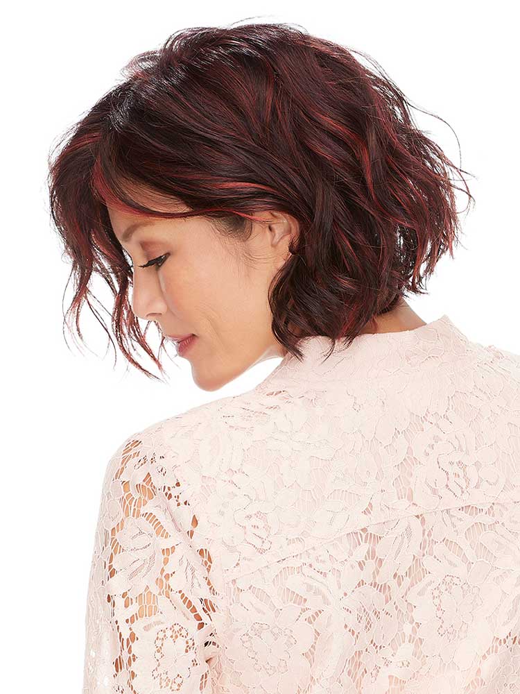 January wig Jon Renau SmartLace Collection with short textured waves, a monofilament top and lightweight wefts back and side.