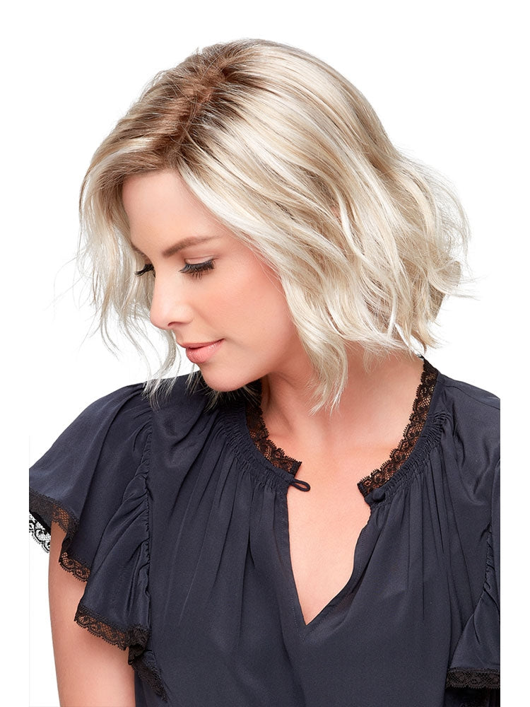 Side view of January wig Jon Renau SmartLace Collection with short textured waves, a monofilament top and lightweight wefted back.