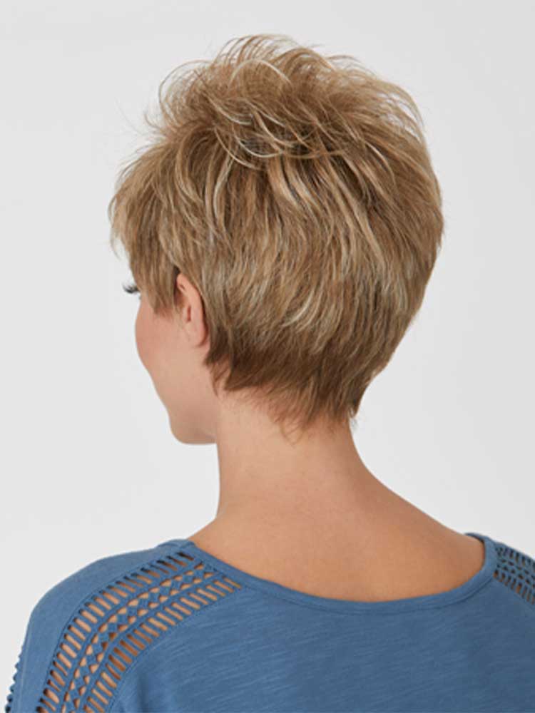 Back view of Katyana wig by Natural Image is a short layered synthetic style with light volume, in Praline Mist.