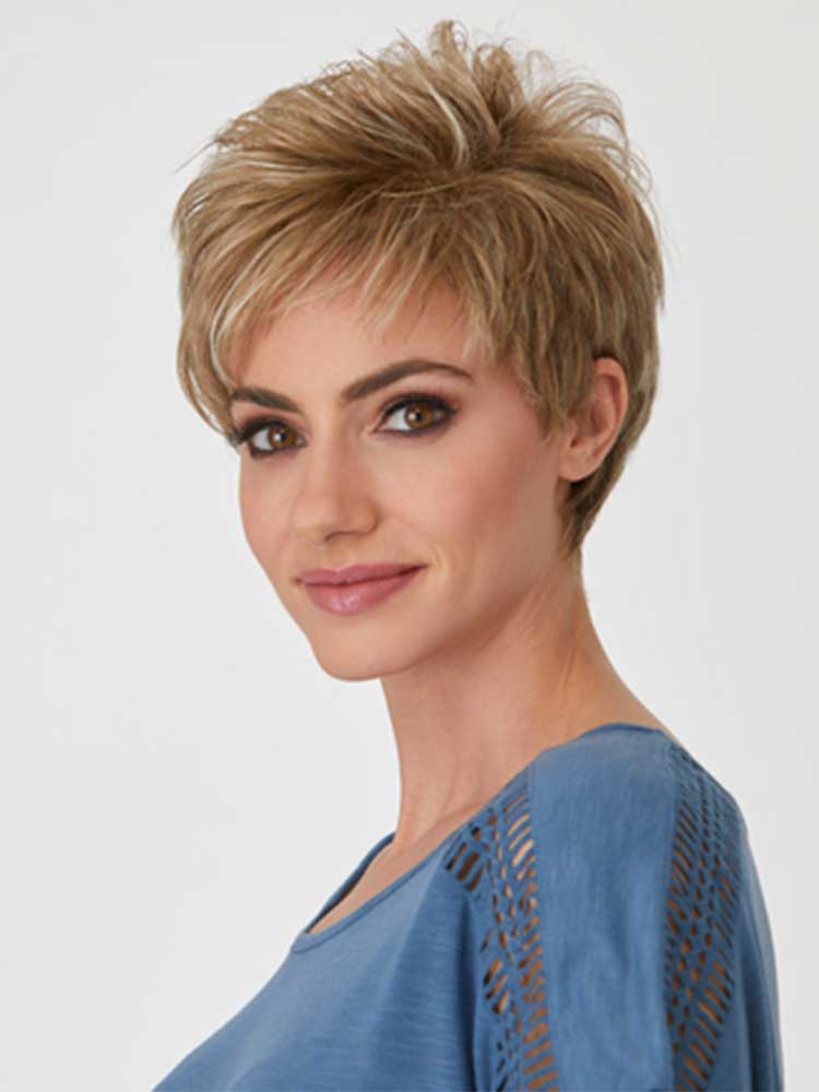 Side view of Katyana wig by Natural Image is a short layered synthetic style with light volume, in Praline Mist. 