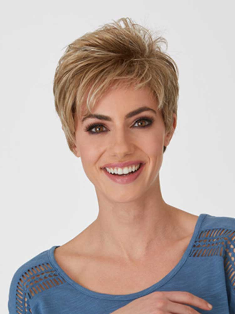 Katyana wig by Natural Image is a short layered synthetic style with light volume, shown in Praline Mist.