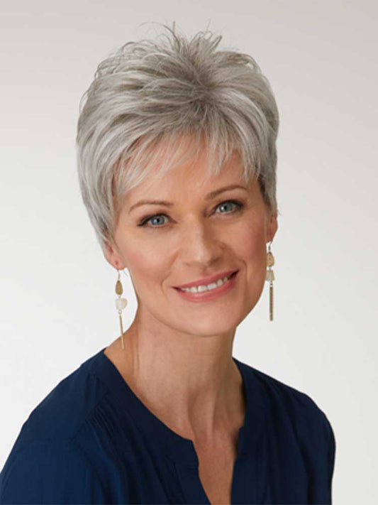 Katyana wig by Natural Image is a short layered synthetic style with light volume, shown in Sugared Silver.