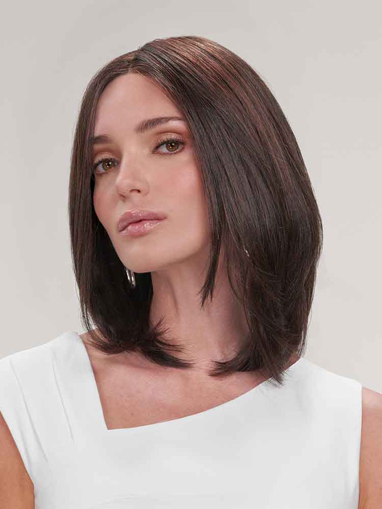 Side view Madison wig by Jon Renau a brunette, shoulder-length bob with SmartLace front and monofilament top for a natural hairline and movement