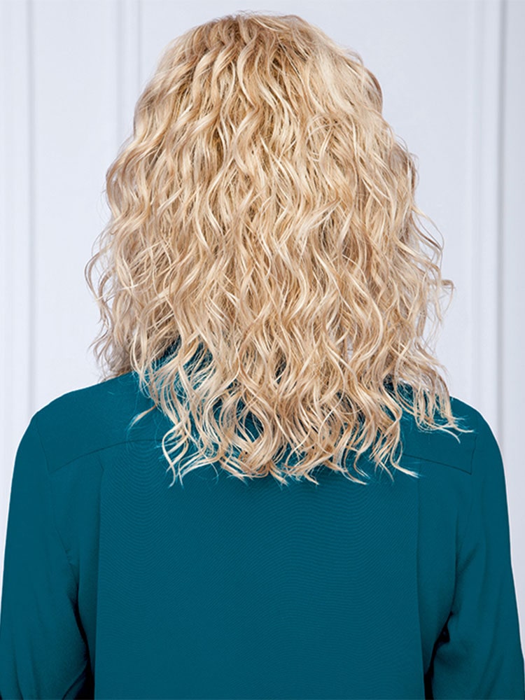 Back view of Radiant Beauty wig by Gabor in Sandy Blonde Shaded with long layers and soft curls.