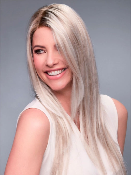 Model wears Zara Lite wig by Jon Renau in Palm Springs Blonde, long layered style with lace front and natural skin top